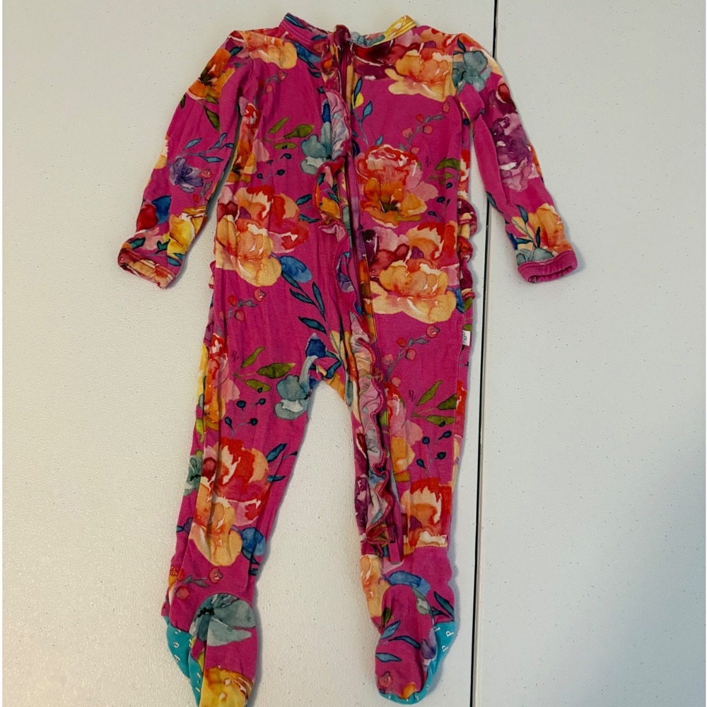 Posh Peanut Pink Floral Bamboo Ruffle Footie Sleeper 0-3 Months Romper yy
